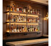 160CM Botellero de Pared Industrial, 3 Niveles Estantes de madera maciza Botellero Vino Luz LED, Multifuncional Estante para Vino Flotante para exhibición de Vino, para el hogar,Restaurante,Bares