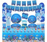 169 Pack Bajo el Mar Fiesta Suministros Océano Mar Parte Vajilla Set Platos Tazas Servilletas Mantel Banner Globos Cake Toppers para Mundo Submarino Cumpleaños Océano Animal Party Decorations Sirve 20