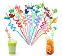 16Pcs Pajitas Rizadas Reutilizables Divertidas sin BPA Lavables, Pajitas de Dibujos de Dinosaurios de Colores de Playa, Pajitas de Plástico Novedosas para Fiestas Niños Cumpleaños