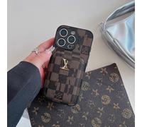 (16Pro, Brown squares) Suitable for iPhone series, this retro card holder case is a luxury and trendy protective cover for your iPhone.