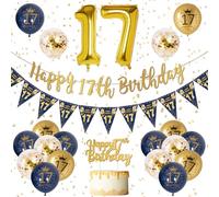 17 Años Decoracion Cumpleaños Niño Azul Oro Banner de Feliz Cumpleaños, Azul Oro Globos de Cumpleaños, Globos 17 Grandes, Globo Confeti Decoracion Fiesta Cumpleaños para Niño 17 Años