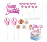 17 insertos para tartas de color rosa, decoraciones para tartas de cumpleaños, globos de confeti de cumpleaños, inserciones de pastel de amor, decoraciones de tartas de estrella, decoraciones de