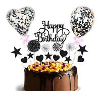17 piezas de decoracion tartas cumpleaños oro negro, decoración para tartas con purpurina, feliz cumpleaños decoracion Happy Birthday, Corazón Estrellas Globo Cupcakes Decoracion para niños y niñas
