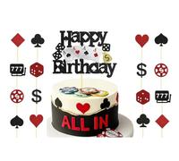 17 piezas Poker Casino Happy Birthday Cake Toppers, Casino Poker Dice Cake Decoration Kit, Black Red Glitter Casino Chips Corazón Cupcake Toppers for Las Vegas Temed Birthday Party Decor