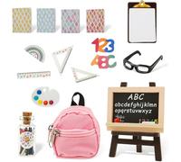 17 unidades/juego de mini útiles escolares, accesorios para casa de muñecas, incluye mochila pequeña, lápiz, gafas, libros, papelería, accesorios de plástico para casa de muñecas a escala 1:12