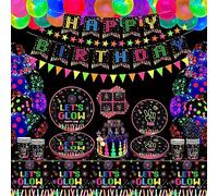 171 PCS Resplandor Neón Fiesta Suministros Decoraciones Para Fiestas Que Brillan En La Oscuridad Juego De Vajilla Para Fiesta Con Luz Negra - Platos, Banderín, Globos, Guirnalda Para 20 Personas