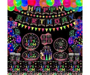 171 PCS Resplandor Neón Fiesta Suministros Decoraciones Para Fiestas Que Brillan En La Oscuridad Juego De Vajilla Para Fiesta Con Luz Negra - Platos, Banderín, Globos, Guirnalda Para 20 Personas