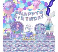 175 decoraciones de cumpleaños de sirena, globos, platos de fiesta, pancartas, tazas, mantel de escala, decoración de tartas para niñas y niños, suministros de fiesta oceánica