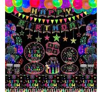 178 Paquete Productos para fiestas infantiles Decoraciones para fiestas que brillan en la oscuridad Set de Vajilla BlackLight - Platos, banderines, globos, manteles de neón, tazas para 20 personas