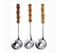 18/8 Acero Inoxidable Mango De Bambú Natural Sección Cuchara Para Servir Tenedor Olla Caliente Cuchara Colador Polvo Pesca Sopa Concha Cocina Doméstica Cuchara De Cocina (3 piezas-estilo A-plata)