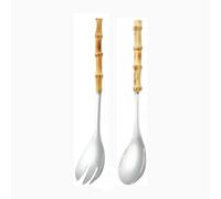 18/8 Acero Inoxidable Mango De Bambú Natural Sección Cuchara Para Servir Tenedor Olla Caliente Cuchara Colador Polvo Pesca Sopa Concha Cocina Doméstica Cuchara De Cocina (2 piezas-estilo B-plata)