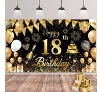 18 Años Decoración de Fiesta de Cumpleaños,Oro Negro Grande Póste 18 Aniversario Feliz Cumpleaños Pancarta,18 Hombre Mujer Pancarta 18 Fiesta de Cumpleaños