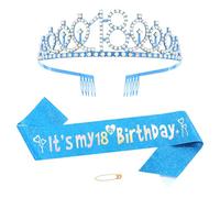 18. Corona de cumpleaños y faja, azul para cumpleaños, tiara de cristal, juego de faja, correa de hombro para niña, color azul, corona de cumpleaños, 18 niños, niñas, cumpleaños, decoración