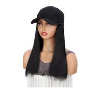 18 inch Baseball Cap Wig Long Straight Hair Extensions with Black Hat Heat Resistant Synthetic Fiber Hairpieces Adjustable Wigs for Women Wiglets(Natural Black)