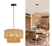 18" Modern Double Drum Fabric Pendant Light, Large Hanging Ceiling Chandelier Fixture with Dual Layer Fabric Shade, Ideal for Dining Room,(Jute,18")