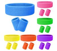 18 Pcs Set de Cintas de Neón Incluye 6 Pcs Deportes Elástico Athletic Headband y 12 Pcs Muñeca Sweatband, Absorbente 80s Sweat Band para Hombres Mujeres