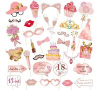 18 Photocall Cumpleaños Niña, 33 Piezas Oro Rosa 18 Cumpleaños Photo Booth Props Funny DIY Kit Photo Props para Niñas Señoras