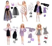 18 piezas compatibles con Barbie, ropa de muñeca para muñecas de 11.5 pulgadas, accesorios de moda de vestido morado, 6 vestidos + 4 bolsas exquisitas + 6 pares de tacones altos + collar de perlas +