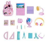 18 piezas de mini útiles escolares para casa de muñecas, que incluyen una pequeña mochila, mini computadora portátil, lámpara de escritorio, papelería, globo terráqueo, gafas, auriculares, juego de