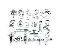 18 piezas de suministros de artesanía tibetana de plata médica para enfermeras colgantes de estetoscopio jeringa, gorro de enfermera, encantos para marcadores, collar, pulsera, joyería