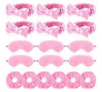 18 piezas de suministros para fiestas de pijamas, incluyen 6 diademas de spa con lazo, 6 máscaras de ojos y 6 coleteros de terciopelo, recuerdos de fiesta rosa para mujeres, regalo de maquillaje,