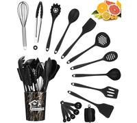 18 Piezas Utensilios Cocina de Silicona, Resistente al Calor Antiadherente,Juego de Utensilios de Cocina de Silicona,Apto para lavavajillas,Accesorios cocina,Juego de cubiertos con cubo(Negro)