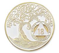 18 Year Sobriety Mint Twisted Tree of Life Gold Plated AA/NA Recovery Medallion/Chip/Token - White