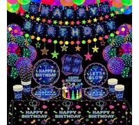 180 Pack Glow Party Paquete de accesorios para fiestas luminosas Juego de vajilla para fiestas de neón Platos con globos de neón Banner Servilletas Tazas para decoración de fiestas con luz negra