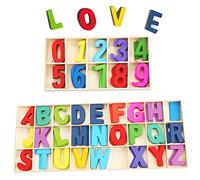 180 Piezas Letras Mayúsculas Madera con Bandeja Almacenamiento, Letras y Números en Madera Natural, Colorido Juego Letras Madera, para Bricolaje, Decoración de Fiestas
