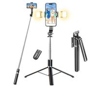 180cm Trípode para Movil con 2 Luces, Palo Selfie Tripode con Control Remoto Desmontable para Teléfono Móvil, Soporte de Trípode de Teléfono Compatible con iPhone/Samsung/GoPro/Cámara
