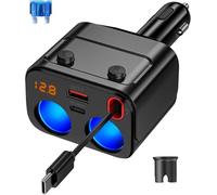 180W Cargador de Coche Retráctil 5 en 1 Carga Rápida Cargador con Cable Retráctiles, PD 36W&QC3.0, Doble Enchufes y Interruptor Independiente Pantalla de Voltaje LED Compatible con Tableta móvil GPS