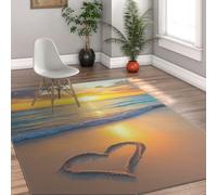 180x270cm Alfombra Playa Atardecer Corazón Arena Olas Lavable | Alfombra moderna antideslizante de pelo bajo Romántico Coastal Love Suave para dormitorio