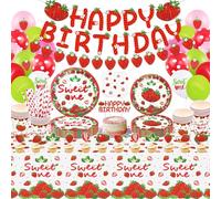 185 Pack Fresa Decoraciones Primer Cumpleaños Productos Para Fiestas Dulce Un Fruta de Verano Vajilla Set Platos, Vasos, Manteles, Globos, Servilletas 20 Porciones