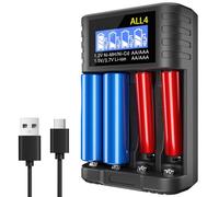 18650 Cargador rápido USB-C de batería, cargador de batería universal de 4 vías con indicador LED, cargador de batería para baterías 18650 18350 21700 16340 AA AAA C 3,7 V Li-ion batería 1,2 V NI-MH
