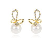 18K Gold Chapado 925 Plata Reduce Redondeo de plata Pendientes de perlas Simuladas Pendientes de cinta de espárrago de nudo de arco Pendientes de boda de perlas de 14 mm para mujeres