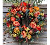 19.6" Fall Peony and Pumpkin Wreath,Reusable Front Door Wreath,Realistic Pumpkin Wreaths Form with Maple Leaves and Berries,Thanksgiving Harvest Decor for Indoor & Outdoor Home Wall (45cm/17.7in)