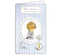 19-641 Tarjeta Porta-Billete con Sobre Sinceras Felicitaciones por tu Comunión Niño Cristiano Católico Cruz Biblia Vino Copa Cáliz Cibebo Flores Azules Ilustración - Hecho en Europa