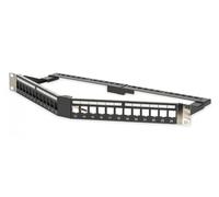 19" angled patch panel 24x keystone, shielded, 1U, black, cable management, label fields