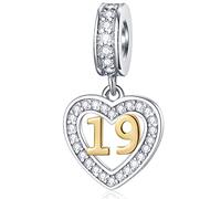 19 años de edad Charms de cumpleaños ajuste Pandora Pulsera de San Valentín, Número de Oro 19 colgantes, 925 Plata de Ley 19 Aniversario Collar de Corazón Colgante con CZ, para Familiares/Amigos