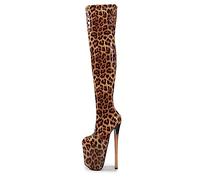 19 CM Tacones súper altos Estampado de leopardo elástico Botas altas hasta el muslo Charol Plataforma con cremallera fetiche sexy Bota sobre la rodilla Stripper Club Pole Zapatos de baile,Marrón,39