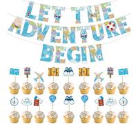 19 Piezas Decoraciones para Fiestas de Viaje, Cupcakes Decoraciones | Banner "Let the Adventure Begin" con Banner, para Fiestas Bon Voyage para Jubilación, Graduación, Cumpleaños