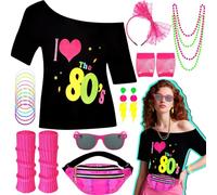 19 trajes de los años 80 para mujer con camiseta + diadema + guantes de red + pendientes de flash + pulsera + collar + gafas de sol + bolsa de cinturón + tobillera para carnaval, cosplay (XL)