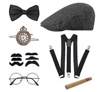 1920s Gatsby Accesorios Hombre, 7 Piezas Accesorios Disfraz Años 20, Disfraz de Gatsby con Sombrero de Panamá Tirantes Reloj de Bolsillo Pajarita Bigote Falso Gafas, para Carnaval Mascarada Halloween