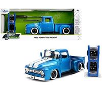 1956 F-100 camioneta camioneta camioneta metálica azul claro con rayas blancas y ruedas adicionales Just Trucks serie 1/24 modelo fundido a troquel coche por Jada 31541