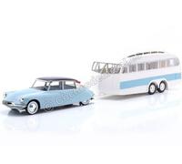 1959 Citroen DS 19 Azul Nube/Berenjena + Caravana Henon Blanca/Azul 1:18 Norev 1