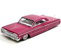 1964 Chevy Impala SS Lowrider Rosa con gráficos e interior blanco Lowriders Design Series 1/26 Diecast Model Car 32547PK