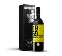 «1969. Sin duda, una cosecha excelente» Mensaje en una Botella. Vino Tinto Premium Reserva 12 Meses + Gift Box. Etiqueta Amarilla PERSONALIZABLE