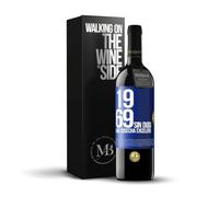 «1969. Sin duda, una cosecha excelente» Mensaje en una Botella. Vino Tinto Premium Reserva 12 Meses + Gift Box. Etiqueta Azul PERSONALIZABLE