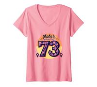 1973 Mujeres Made In All Original Parts Retro Peace Birthday Camiseta Cuello V, Mujer, Rosado, XL
