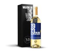 «1973. Sin duda, una cosecha excelente» Mensaje en una Botella. Vino Blanco Premium Verdejo Joven + Gift Box. Etiqueta Azul PERSONALIZABLE